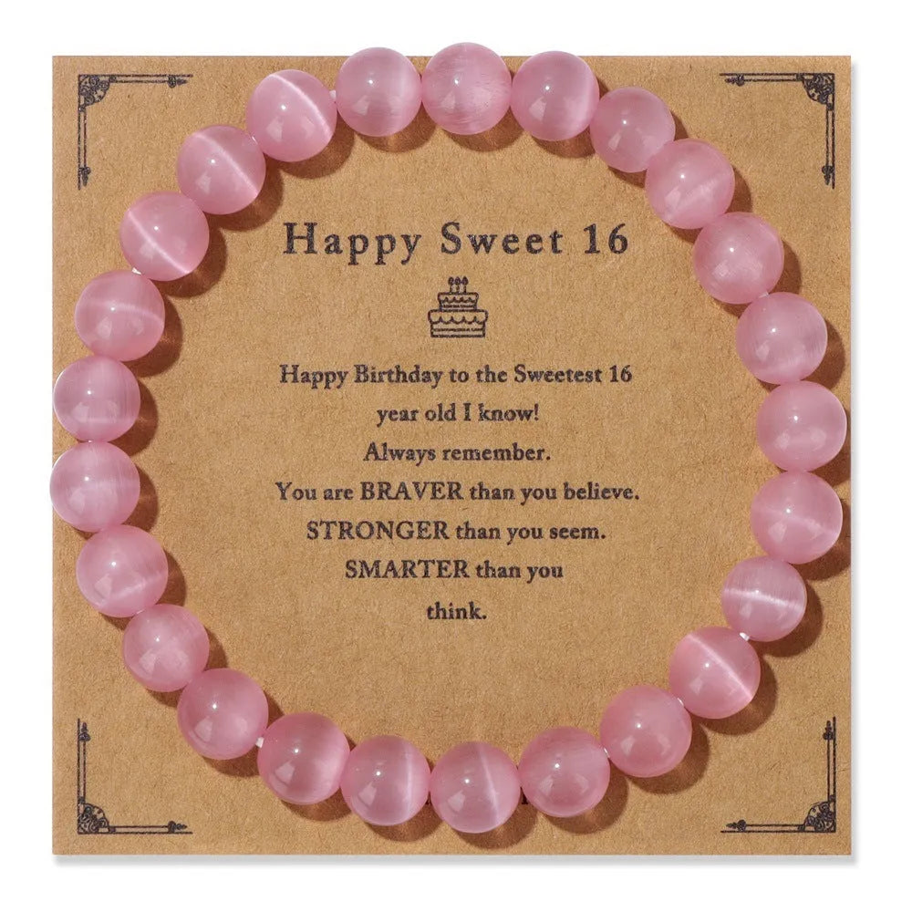 Men's natural stone bead elastic string bracelet in geometric circle style with birthday card