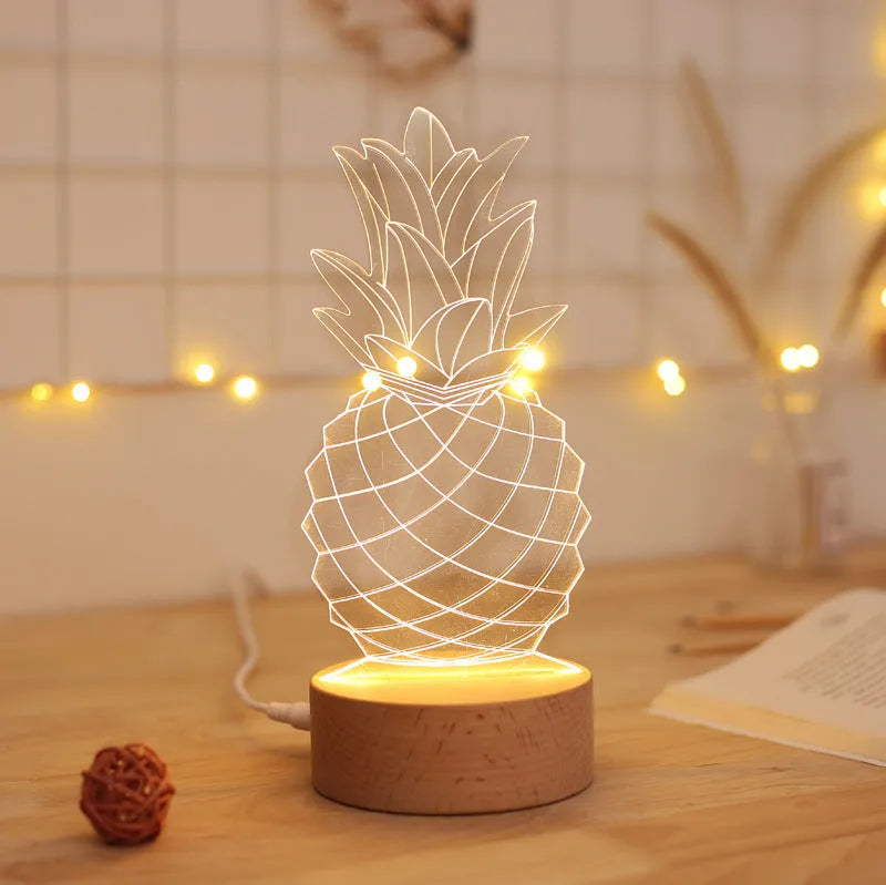 Cartoon pineapple-shaped bedside night light made from wood and acrylic with a dimmer switch.