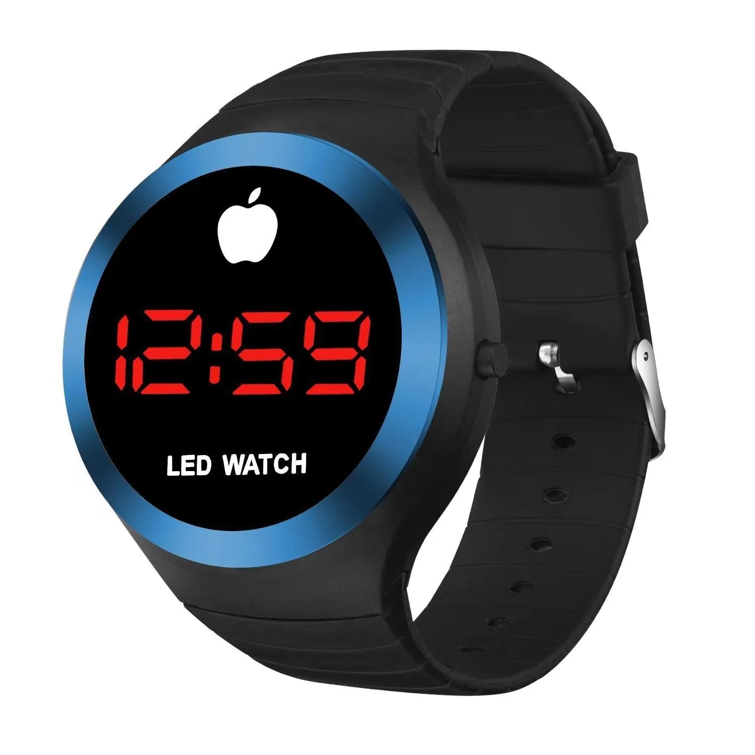 Round electronic watch with black TPU strap, 35mm square dial, and 1 inch screen on a white background