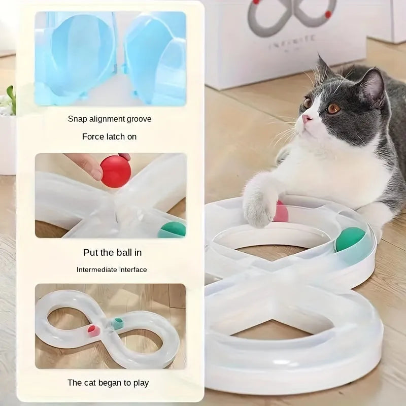 Blue and white cat turntable track ball toy with teasing stick attachment measuring 50cm