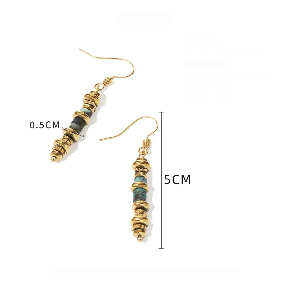 A pair of women's geometric retro dangle earrings in titanium steel with an 18K finish.