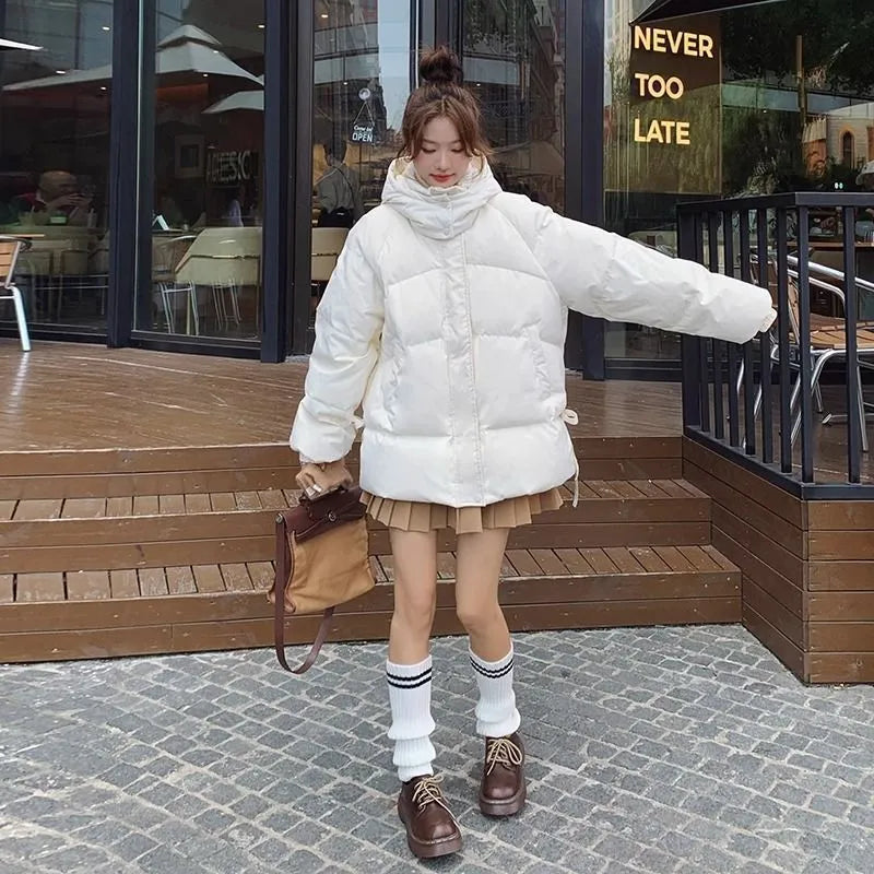 Women's loose cotton-padded jacket with princess sleeves in milky white colour for autumn winter wear
