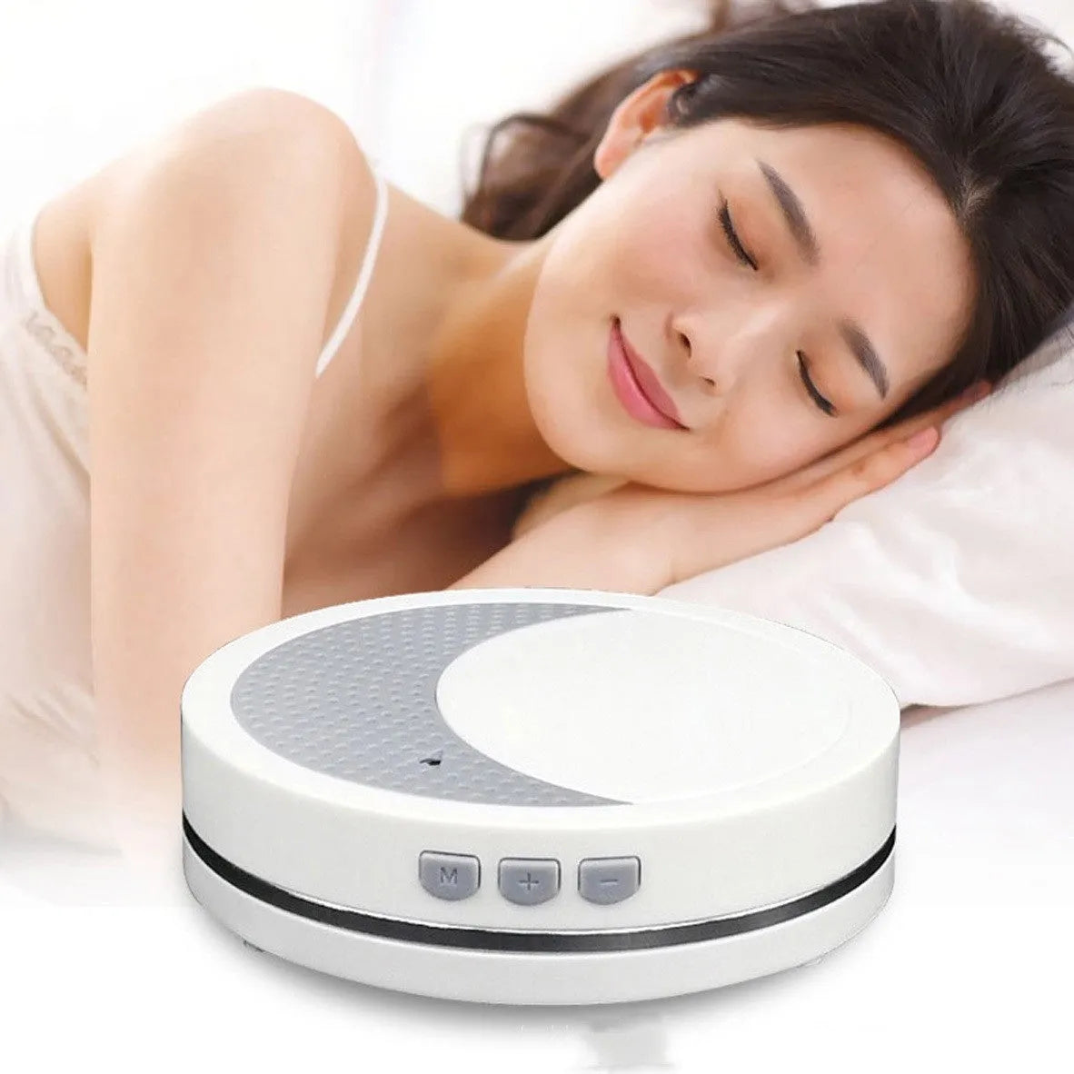 White USB-powered sleep aid device with timing and music functions for insomnia relief