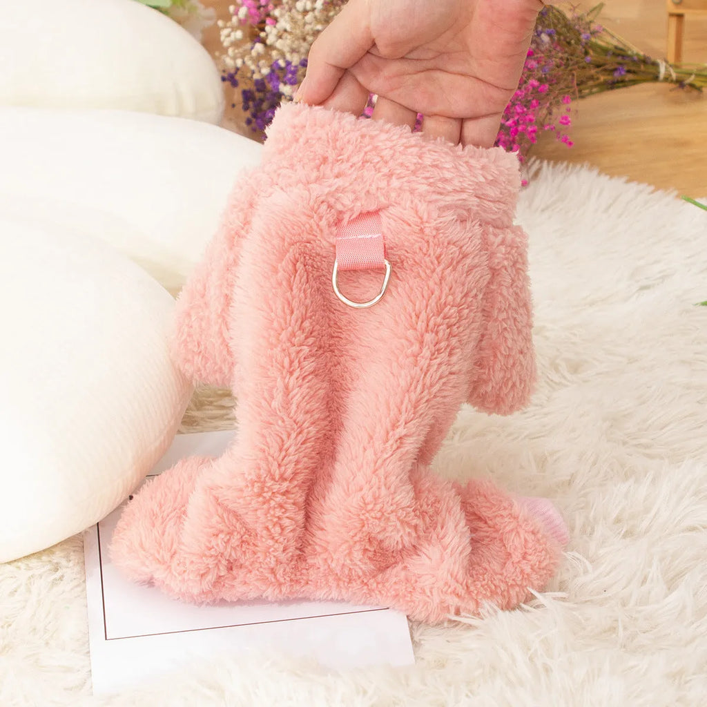 Double-sided plush dog winter clothes with high collar and towing ring in khaki, pink or blue colours