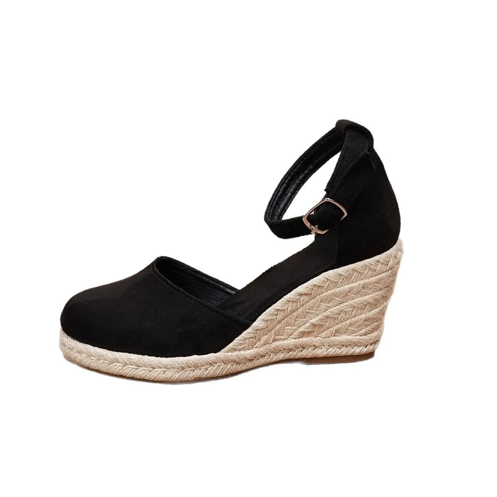 Women's apricot casual wedge sandals with suede upper, buckle closure, and rubber sole