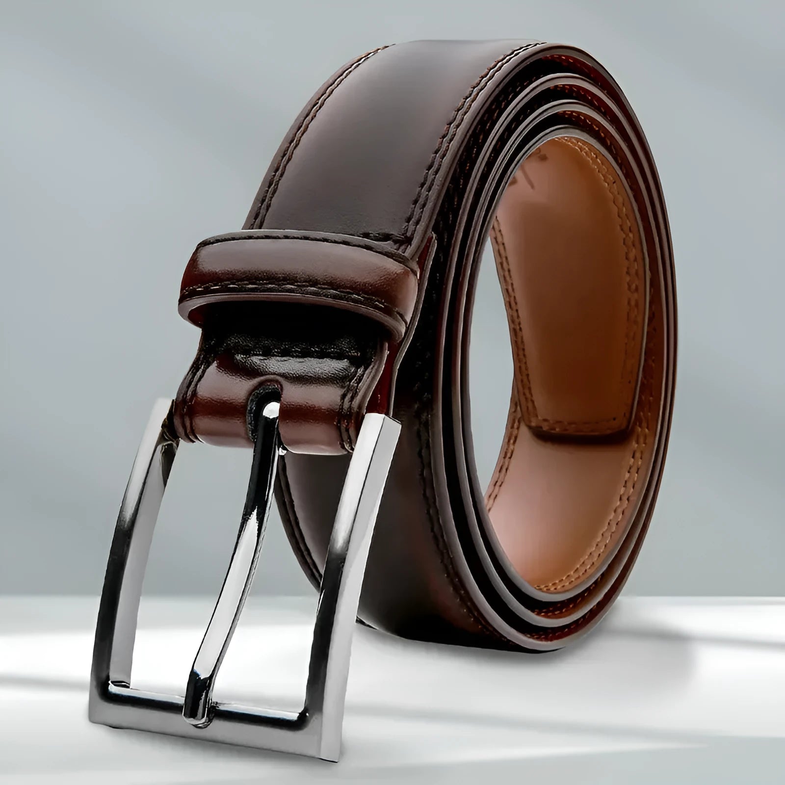 Men's genuine leather casual belt with an alloy buckle, shown in brown grain.