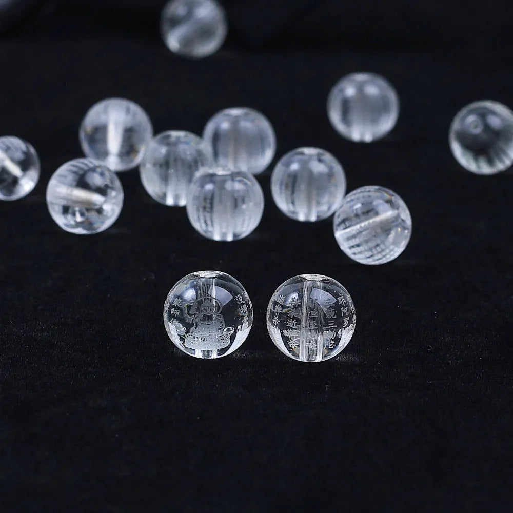 Crystal Heart Sutra prayer beads with engraved Buddhist mantras in three size options