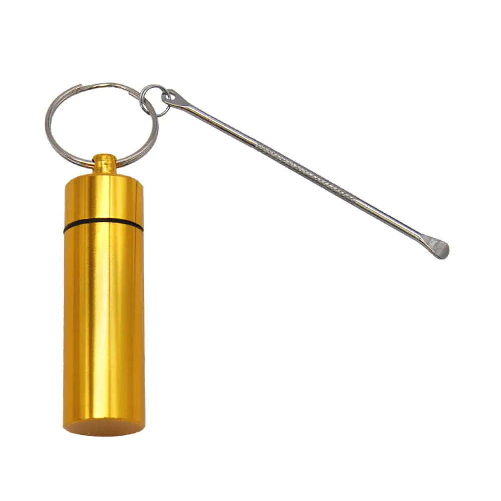 Aluminium portable pill storage bottle with keychain and small spoon in multiple colour options.