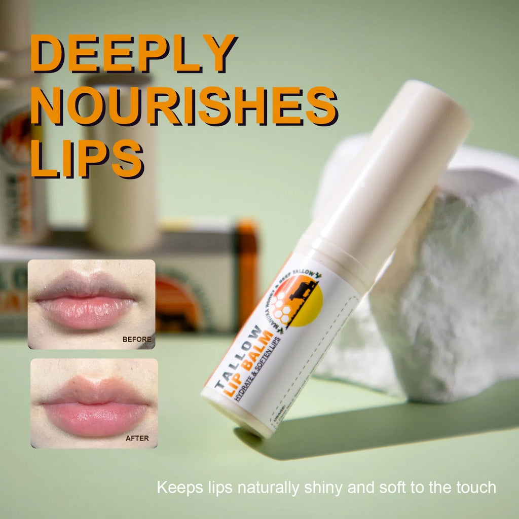 Tallow lip balm stick measuring 83mm in length with square 19mm cross-section containing 5g of product