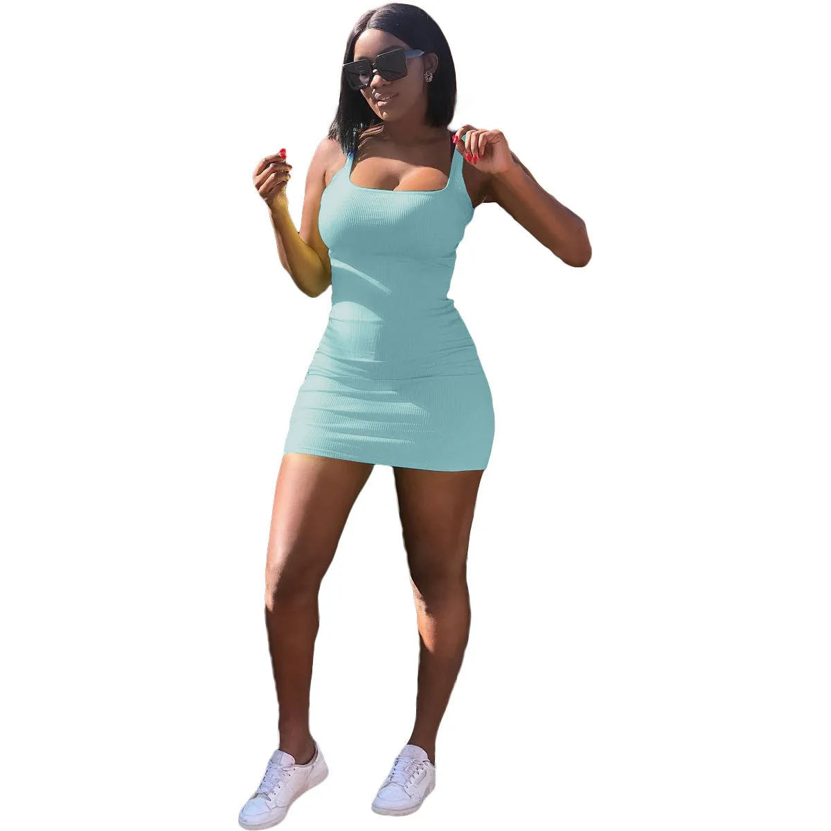 Women's casual slim fit dress with a big U-neck, sunken stripes, straps, and princess sleeves in a light colour.