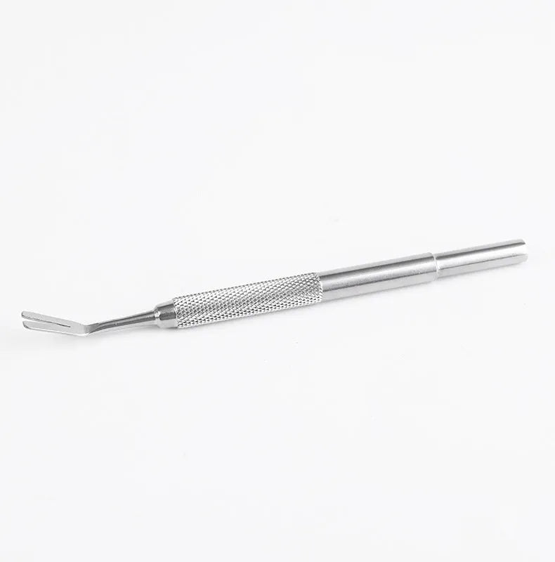 Silver stainless steel tick removal tweezers for pets on a plain background.