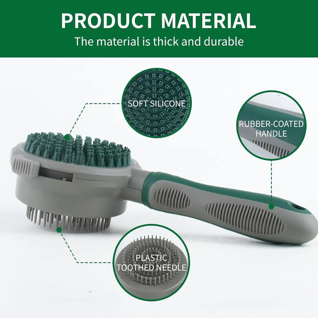 Green and pink two-sided silicone pet grooming brush with retractable slicker brush and octopus-teethed massager