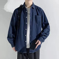 Men's pure cotton loose fit denim long sleeve shirt cardigan in dark blue, front view