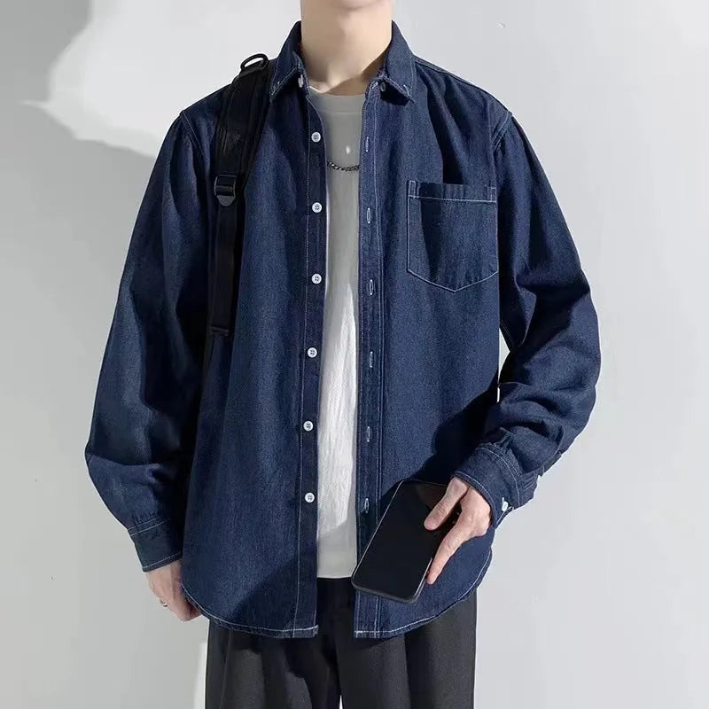 Men's pure cotton loose fit denim long sleeve shirt cardigan in dark blue, front view