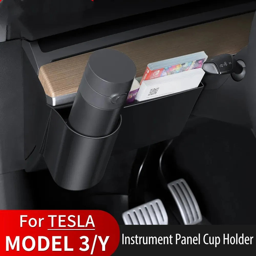 Tesla Model 3 and Model Y dashboard water cup holder with handle in left-hand drive configuration