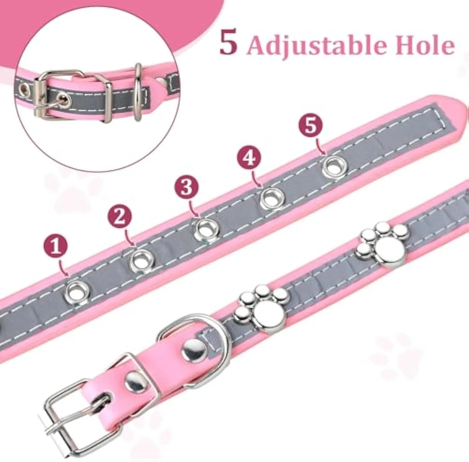 Reflective leather dog collar with metal paw rivet and buckle on a grey background
