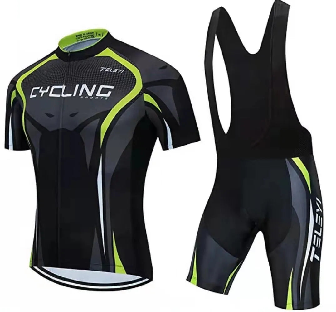 Man wearing a long sleeve cycling jersey and bib shorts set for summer road biking.