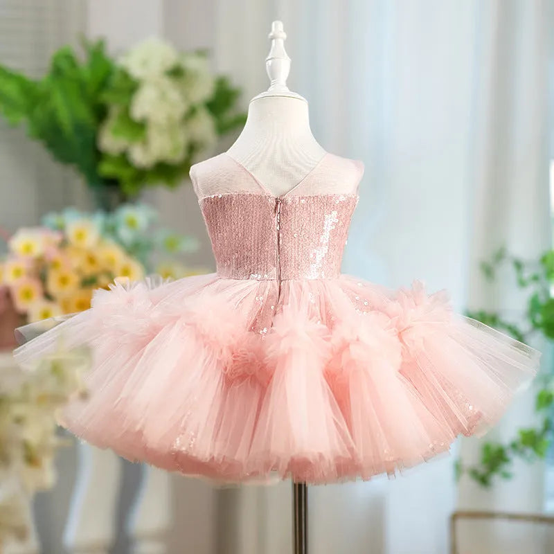 Children's sequined sleeveless pink princess dress on a girl, suitable for heights 80-160cm, polyester fabric