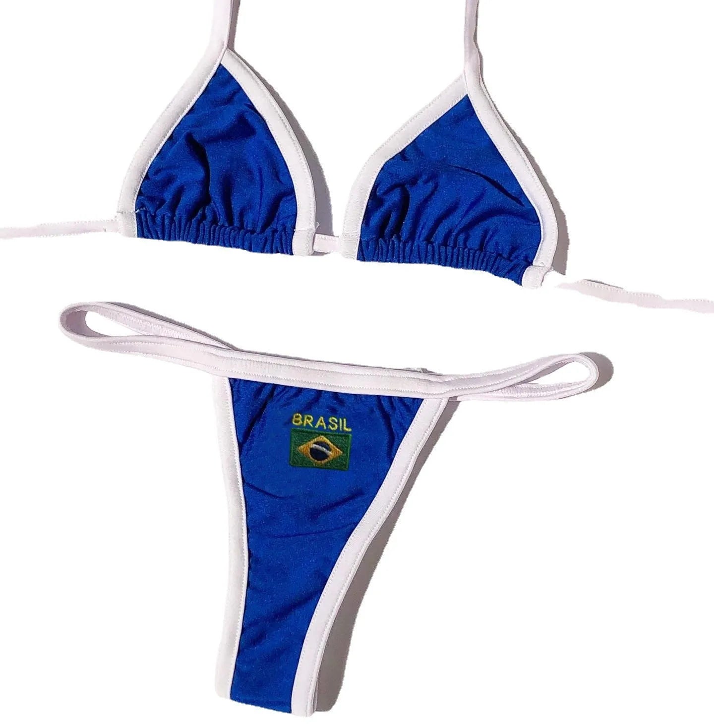 Women's yellow polyester bikini set with T-back bra and shorts-length bottoms on a mannequin.