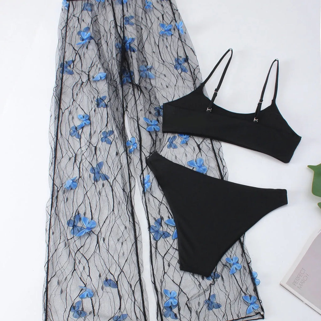 Women's black butterfly patterned bikini three-piece swimsuit set with transparent voile fabric