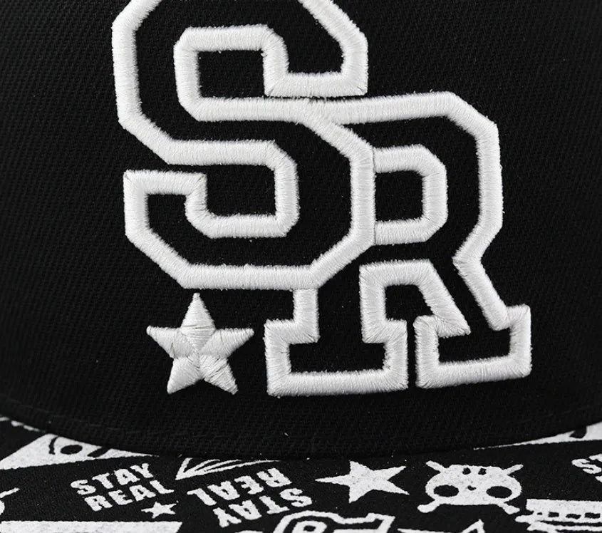 Cotton baseball hat with embroidered lettering in black colour showing adjustable strap