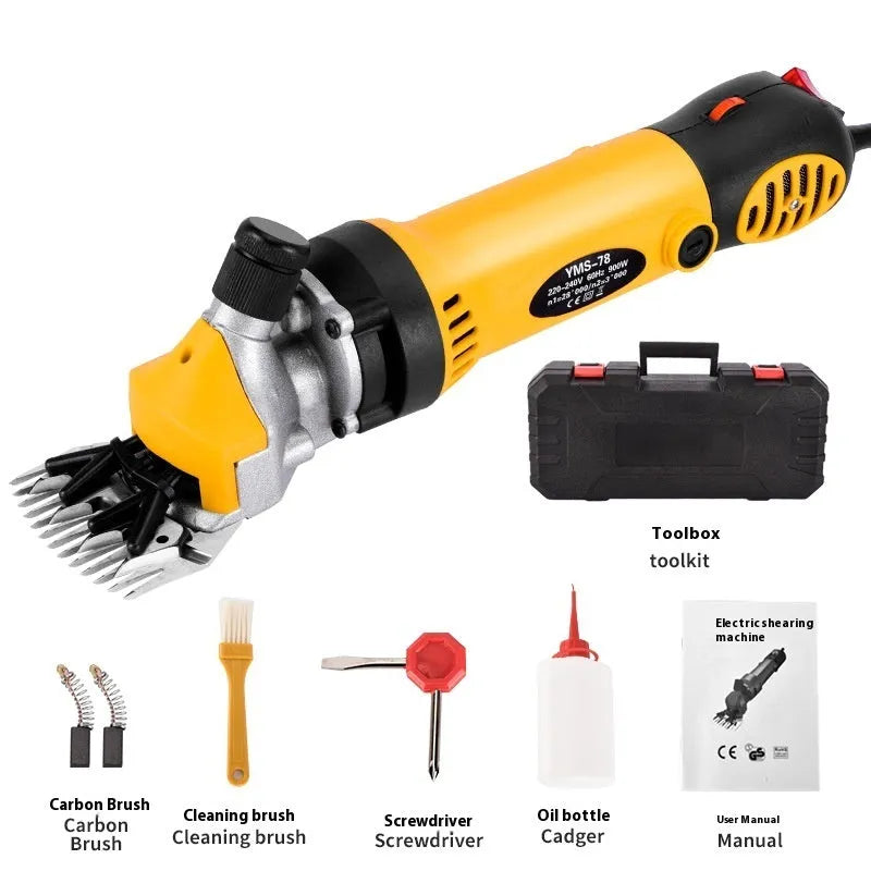Yellow electric wool shearing unit with 13-tooth straight knife and full accessory kit including multiple blades and maintenance tools