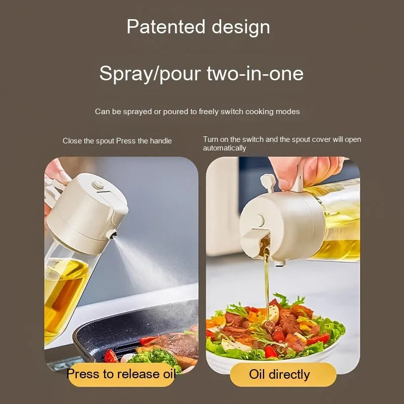 Glass olive oil sprayer and pour bottle with ergonomic handle in four colour options