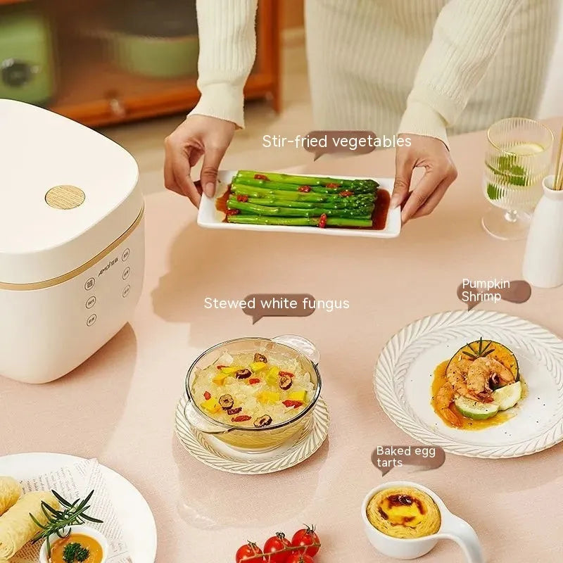 White beige intelligent multi-function rice cooker with black inner pot and accessories