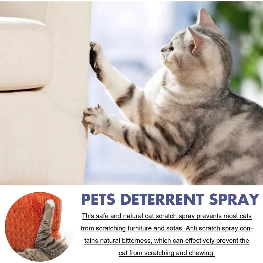 Boxed 50ml bottle of pet deterrent spray for dogs and cats to prevent scratching.
