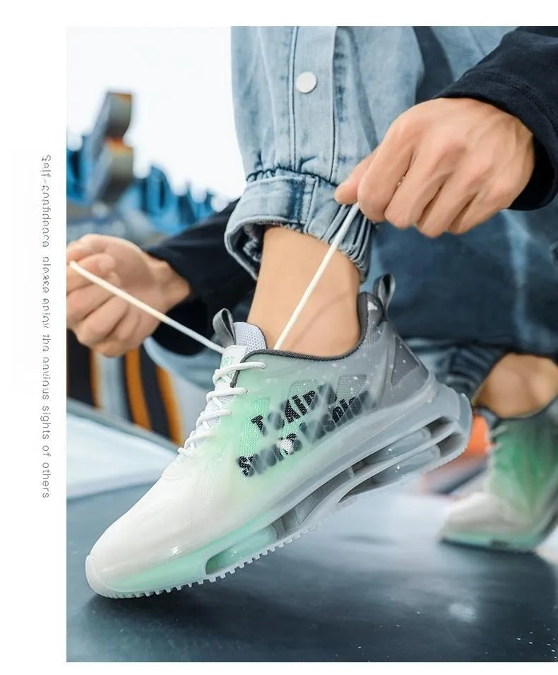 Men's black and green heightened casual shoes with a platform sole and mesh upper.