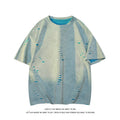 Men's grey loose-fit ripped short sleeve cotton blend T-shirt on a hanger.