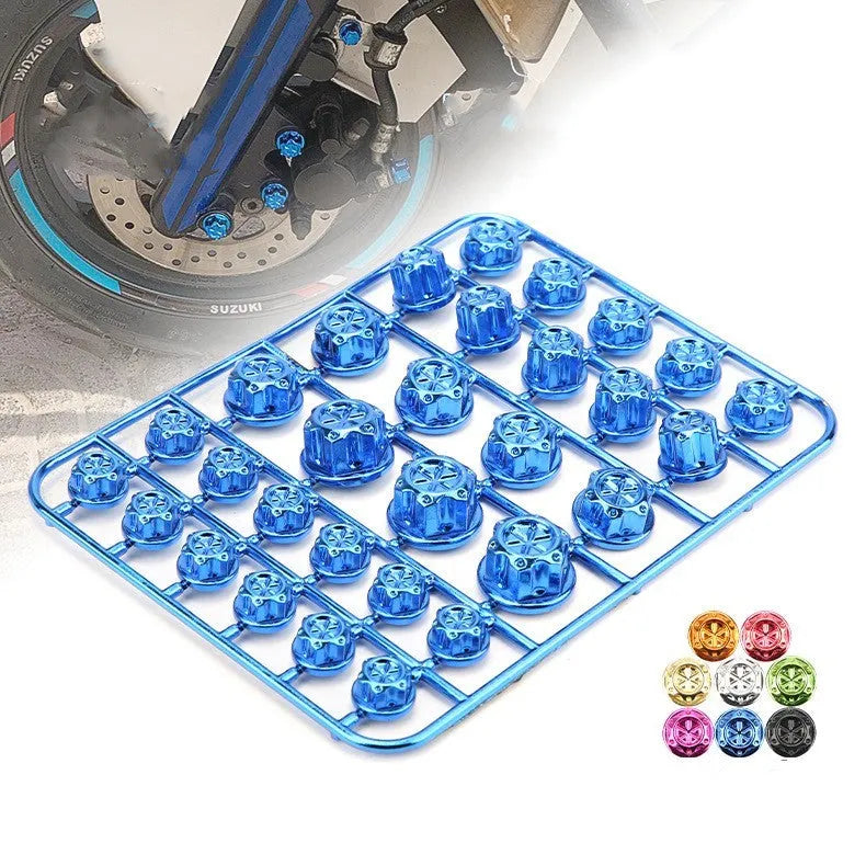 Set of 30 coloured motorcycle engine screw caps in black, red, gold, blue, silver, green, orange, and purple.