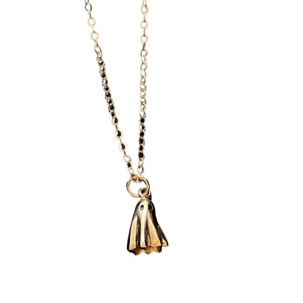 Ghost pendant necklace with titanium steel pendant on a stainless steel chain, showing chain style options.