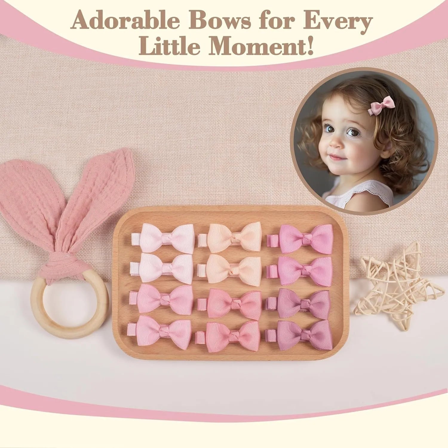 Assortment of pastel coloured baby hair clips and bows with fully lined, no-slip grips.