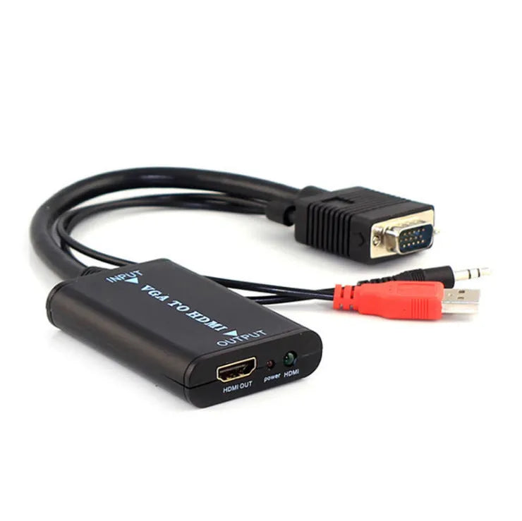 Black VGA to HDMI female converter with USB cable for 1080p 60Hz video and audio conversion