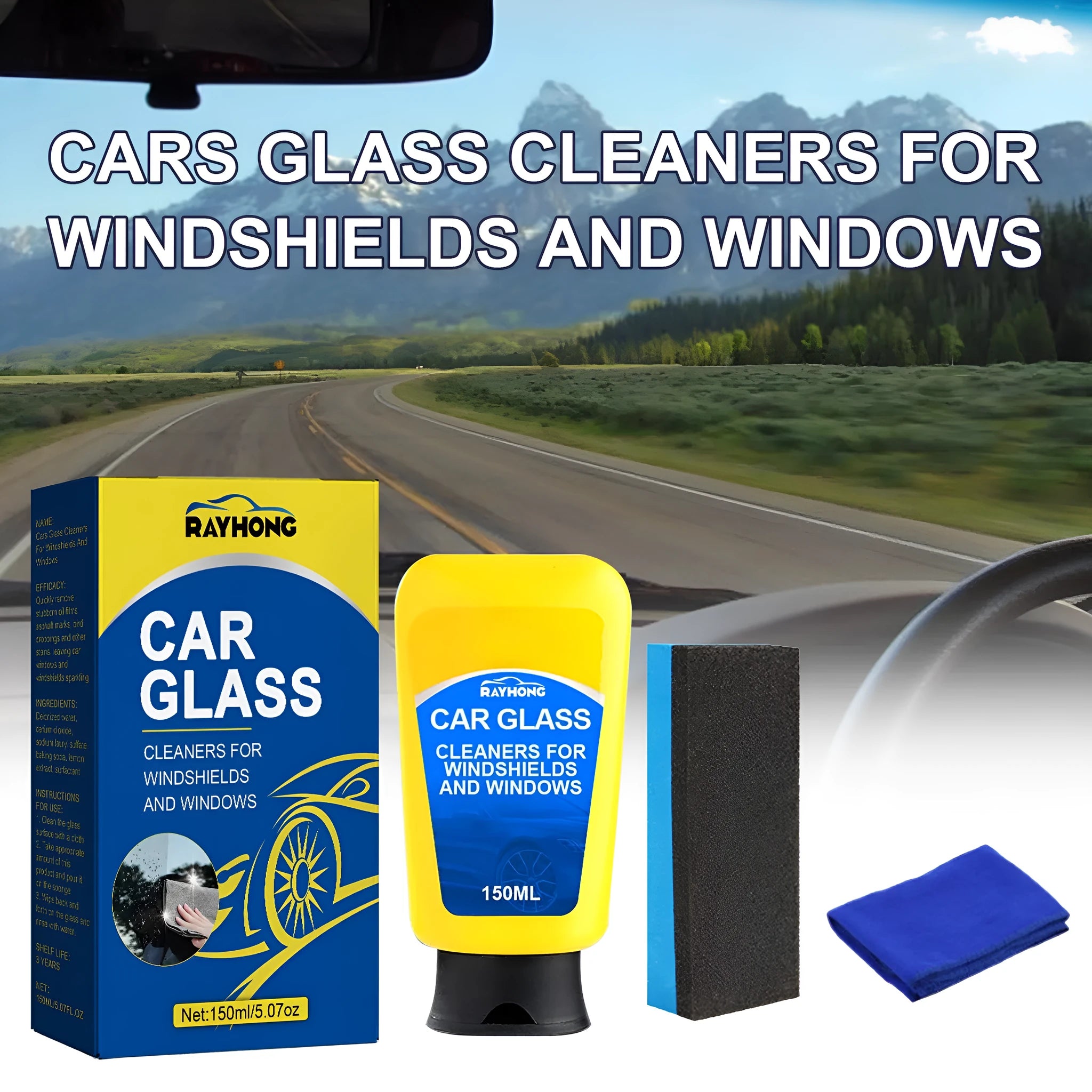 Windscreen cleaning kit with 150ml detergent bottle, small sponge, and microfibre cloth.