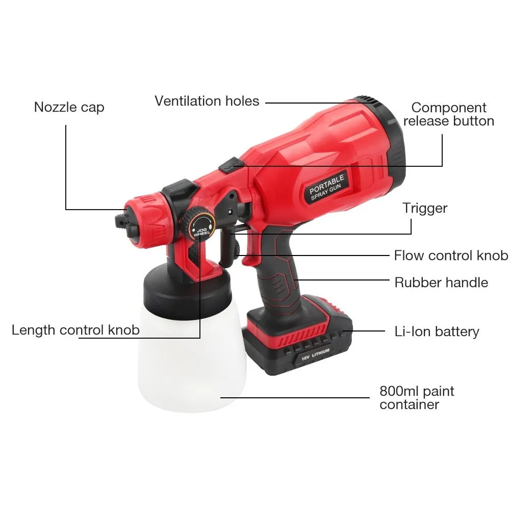 Blue cordless automatic paint spray gun with a large material tank and battery pack.
