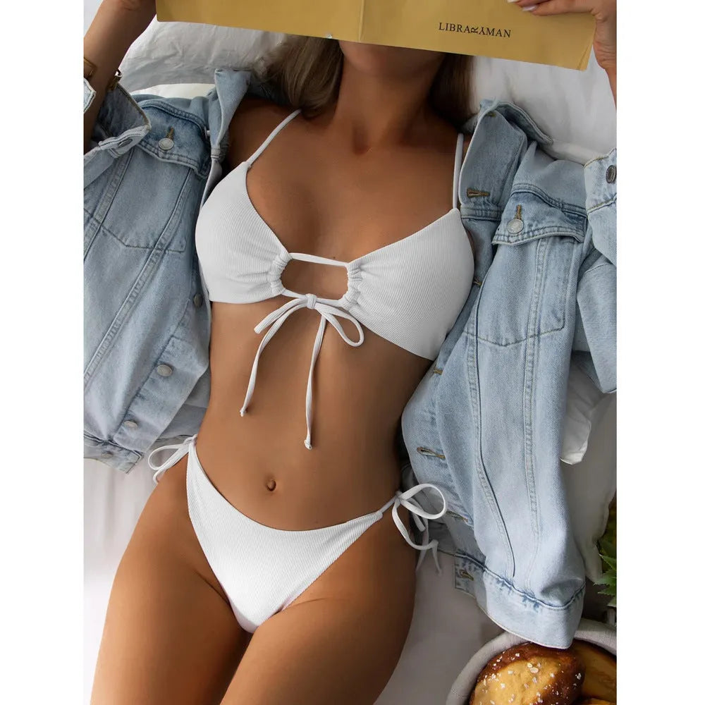 Women's solid colour bikini set with drawstring waist in quick-dry fabric showing eight colour options