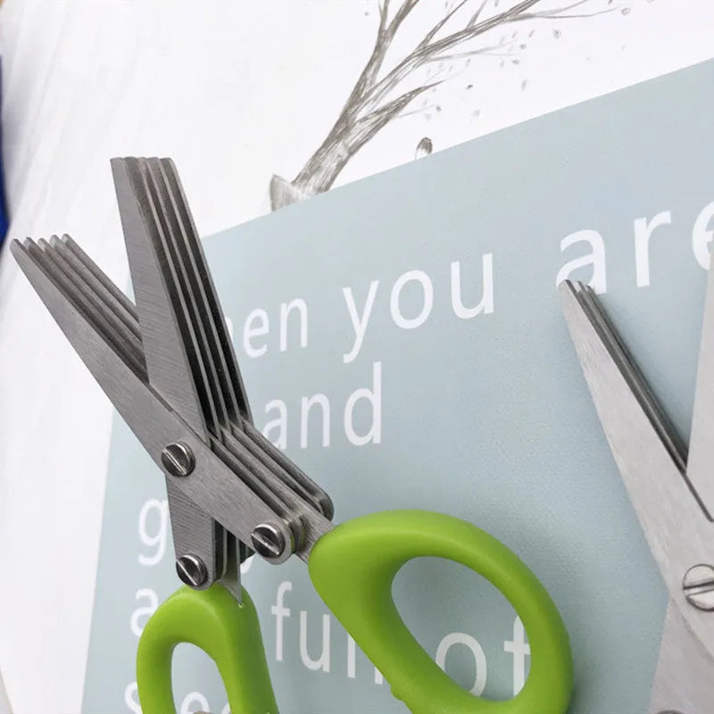 Stainless steel multi-layer onion scissors for cutting herbs and green onions.