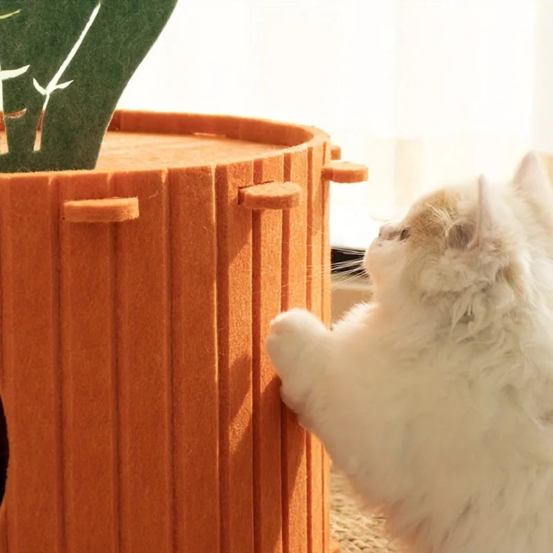 A brown felt carrot-shaped cat nest with a round drilled hole entryway, shown in two size options.