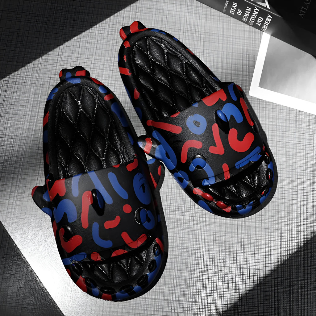 Cute shark couple design open-toe EVA home slippers in beige colour.