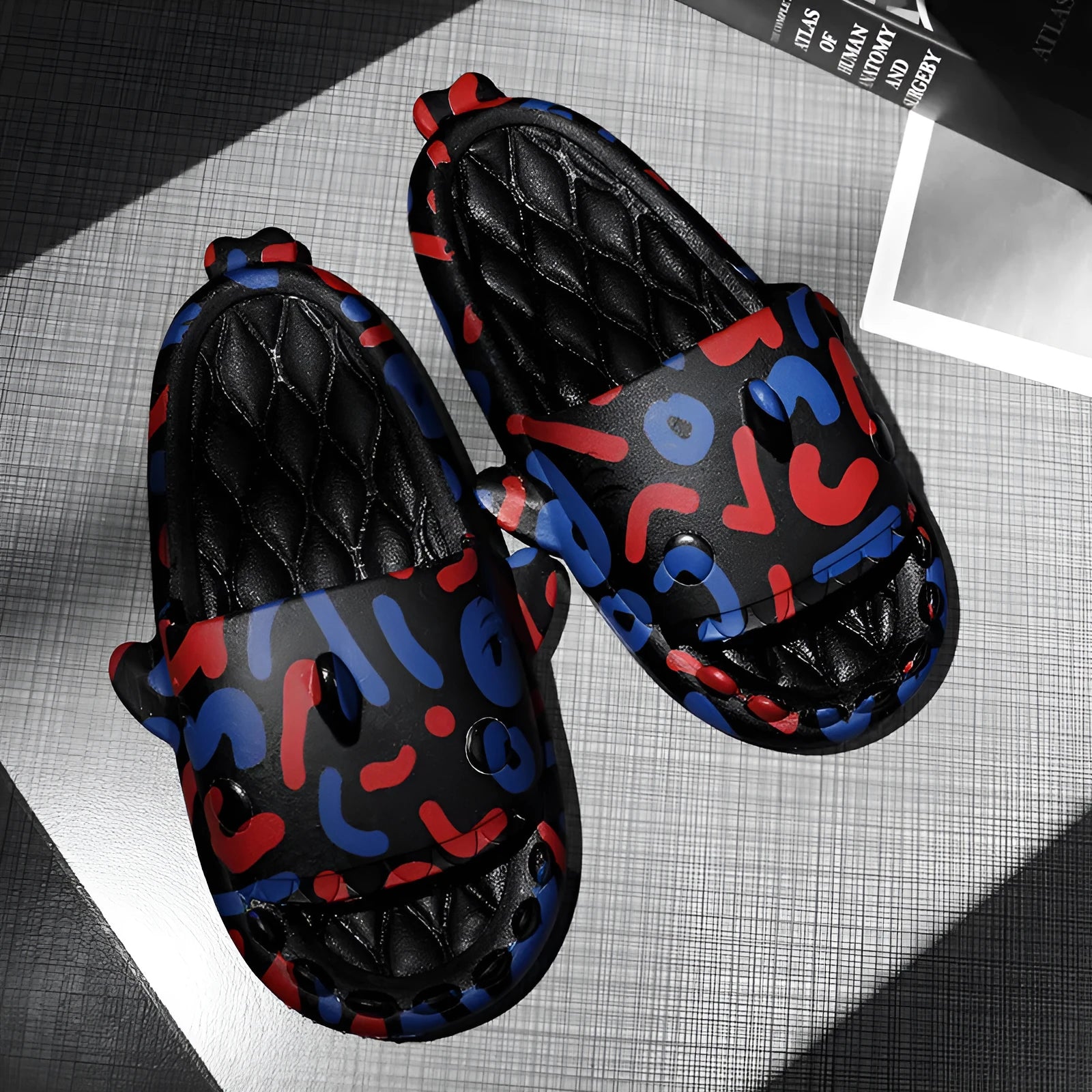 Cute shark couple design open-toe EVA home slippers in beige colour.