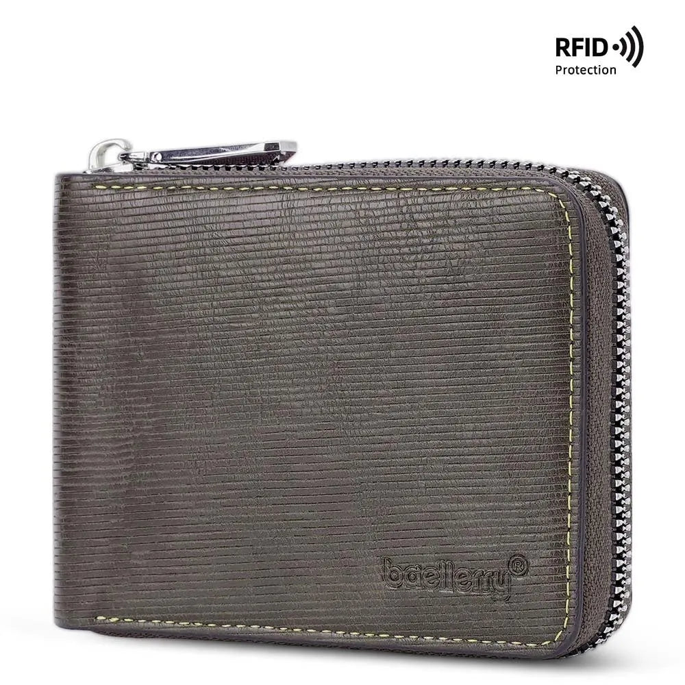 PU leather anti-theft credit card zipper wallet with embossed pattern in solid black colour