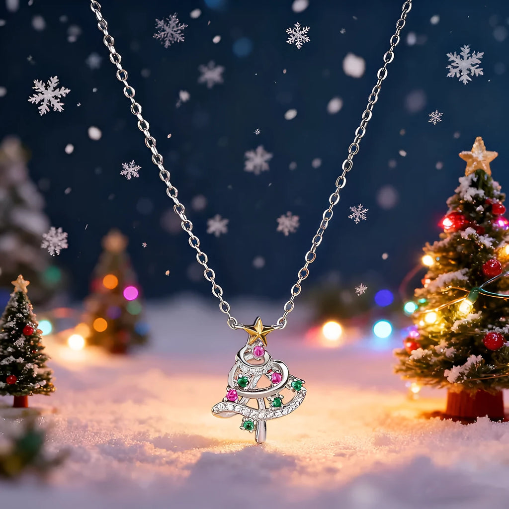 Two-tone copper Christmas tree necklace with inlaid zircon snowflake pendant on adjustable chain