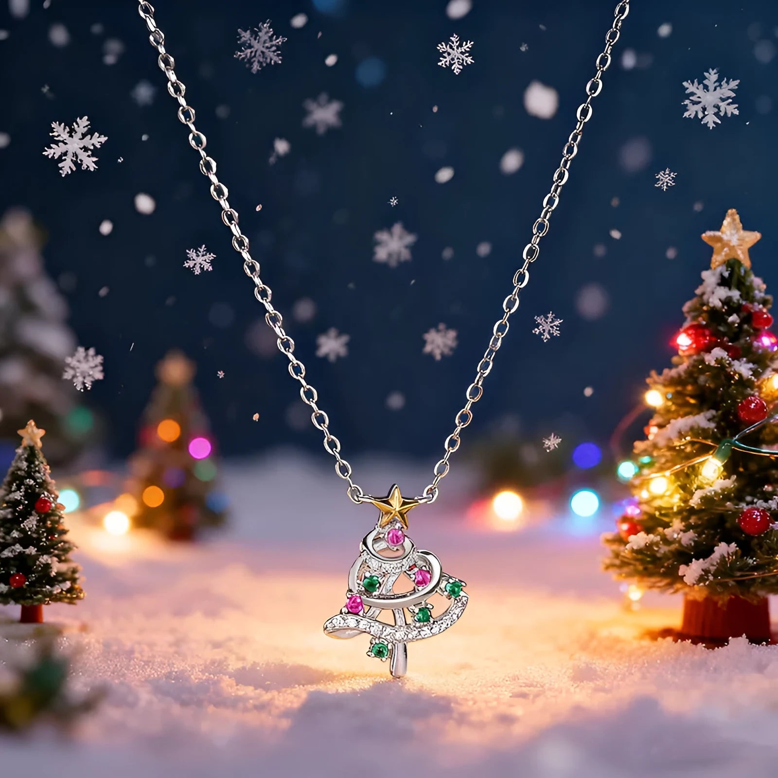 Two-tone copper Christmas tree necklace with inlaid zircon snowflake pendant on adjustable chain