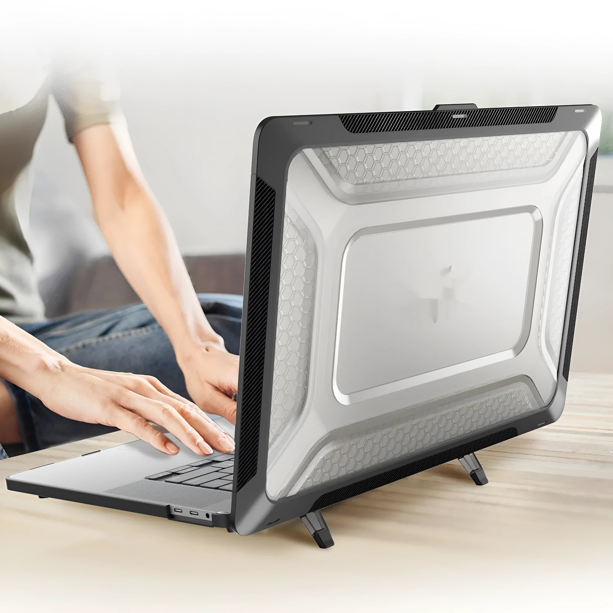 MacBook laptop with a snap-on thermoplastic polyurethane protective shell in elegant apricot colour.