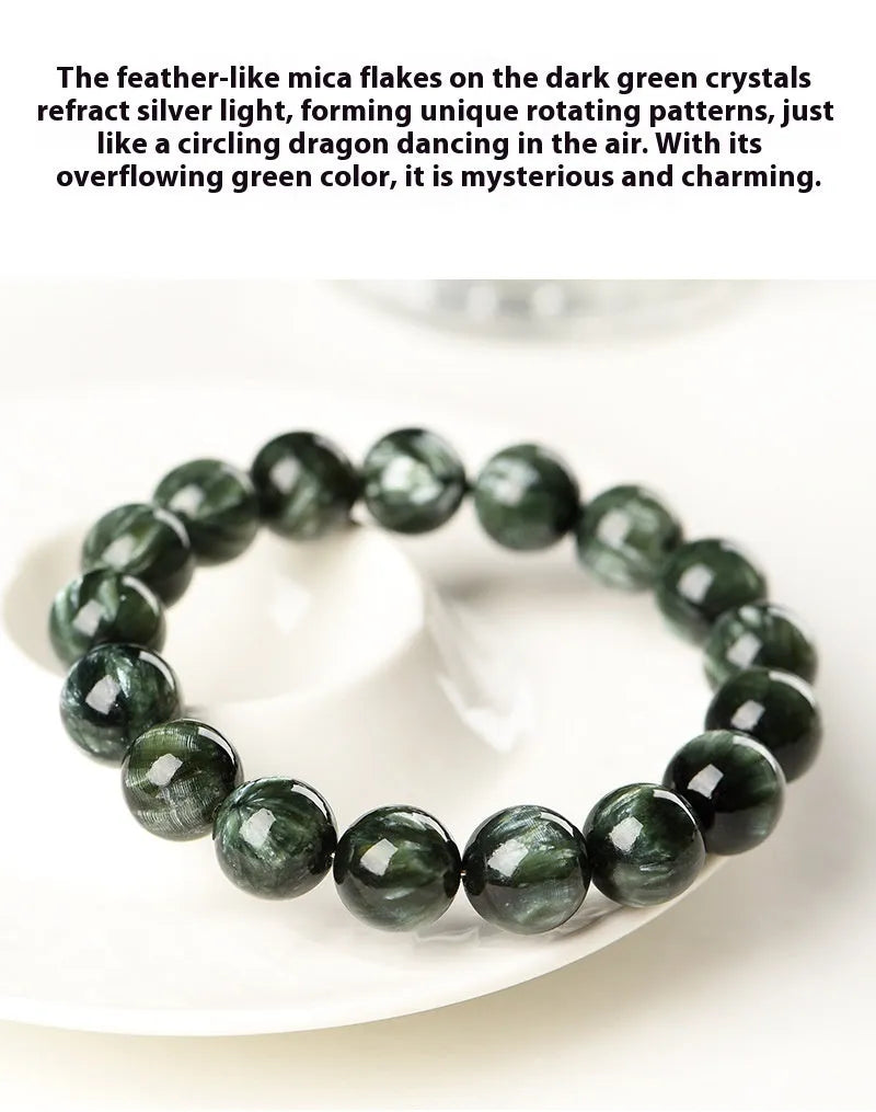 Green Dragon Crystal bracelet with 8-9mm round beads and a Ruyi element.