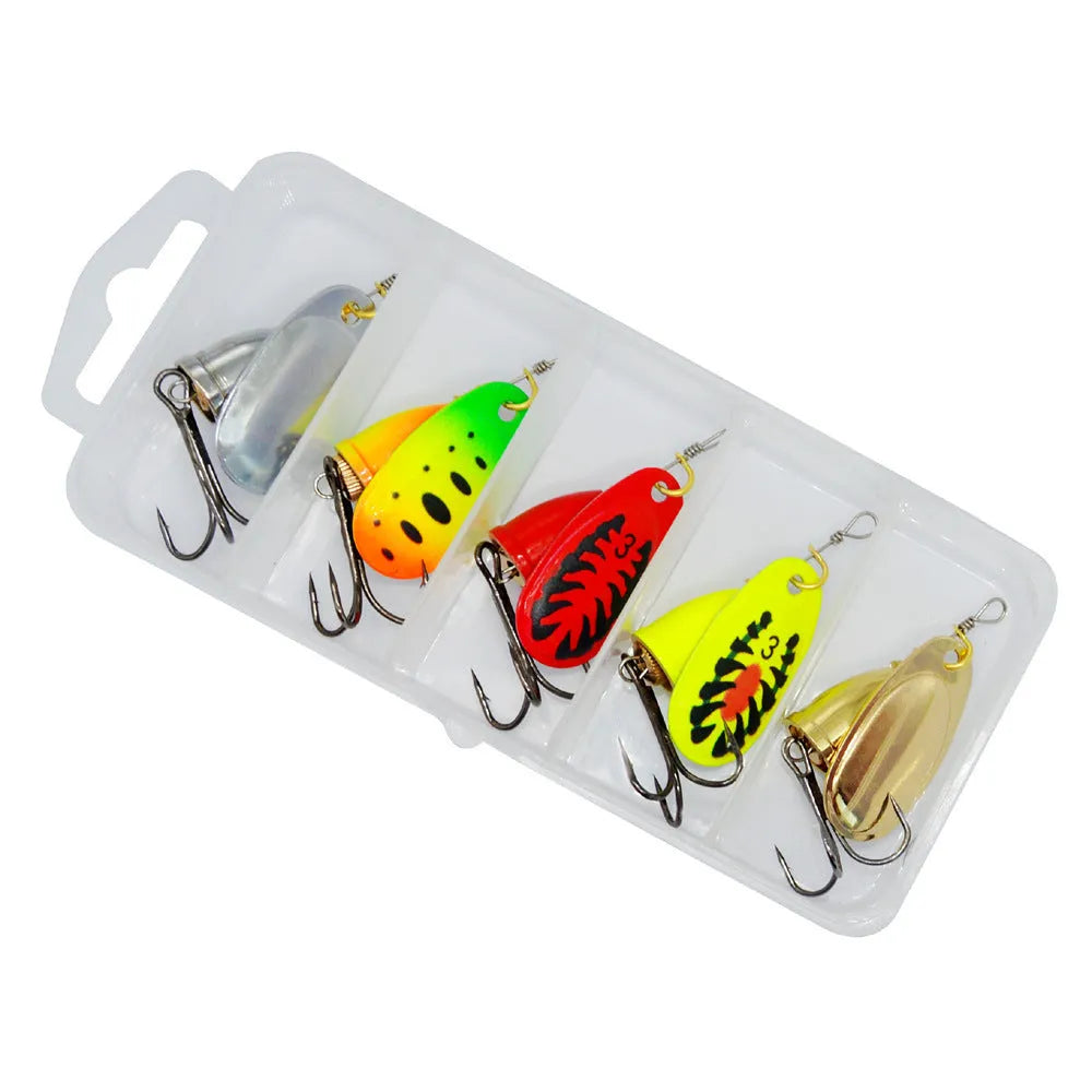 R-type metal fishing lure with rotating sequins and copper bell in seven colour options including yellow green, gold mesh, red, and rose gold