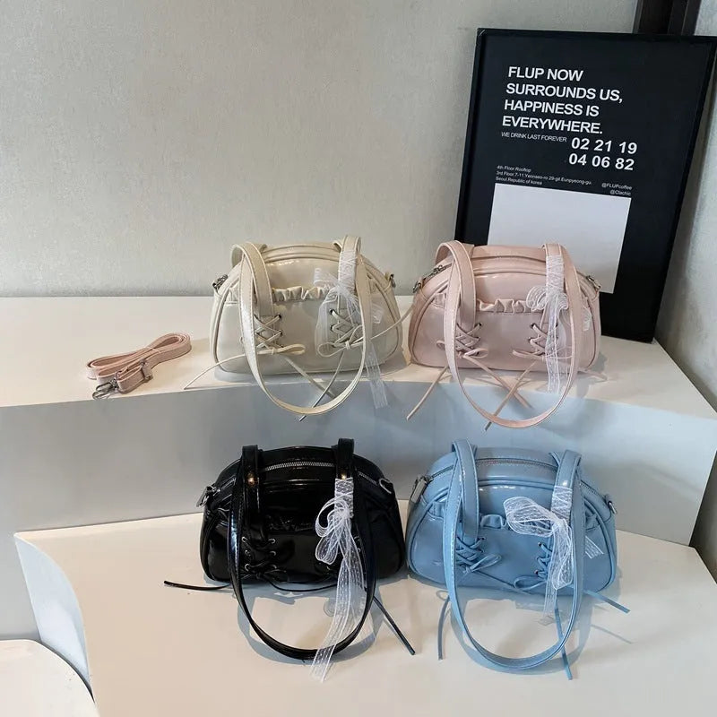 Women's casual shoulder handbag with bandage bow detail and PU leather in milky white colour