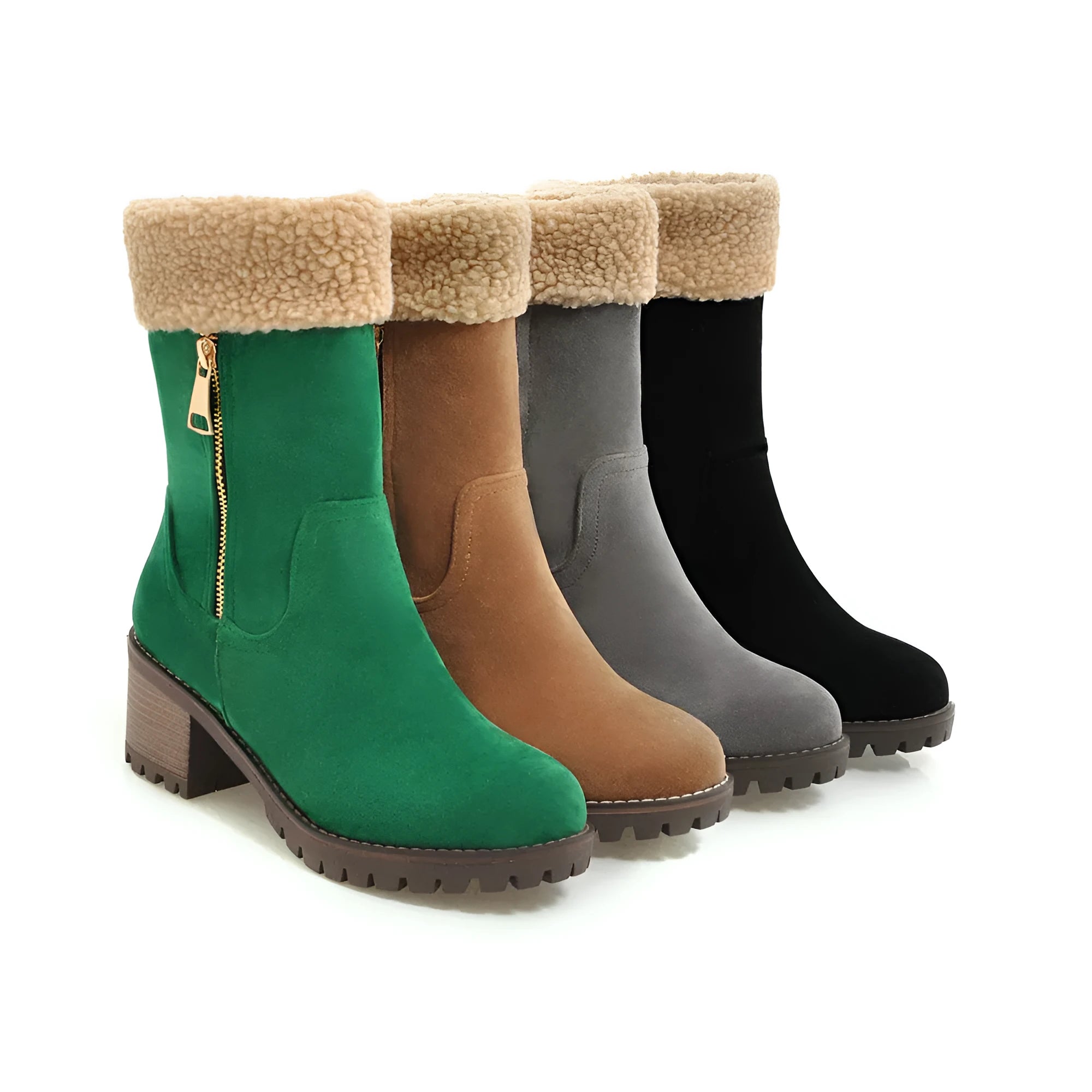 Ankle-high snow boots with a rubber sole and plush lining, shown in black, grey, green, and orange colour options